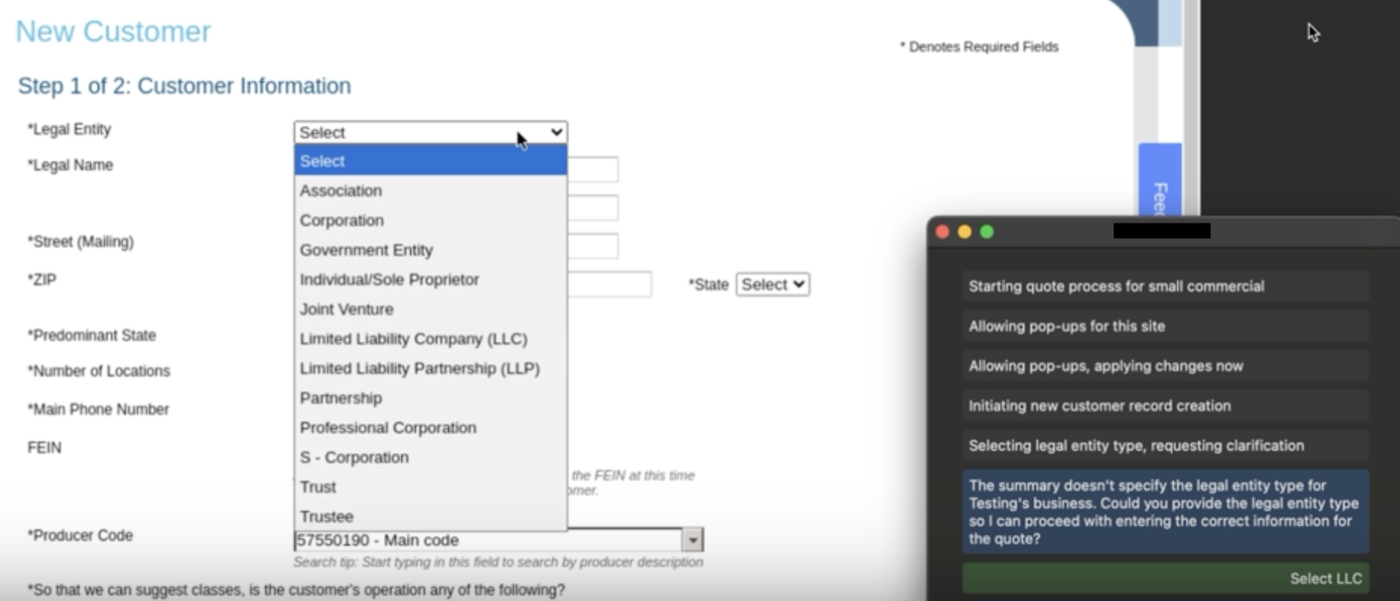 Computer-use agent operating a customer form and asking for a missing legal entity type
