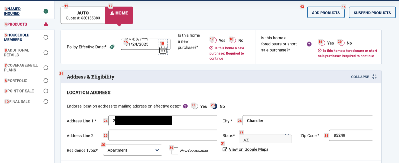 Insurance form with numbered Set-of-Mark labels over its interactive controls